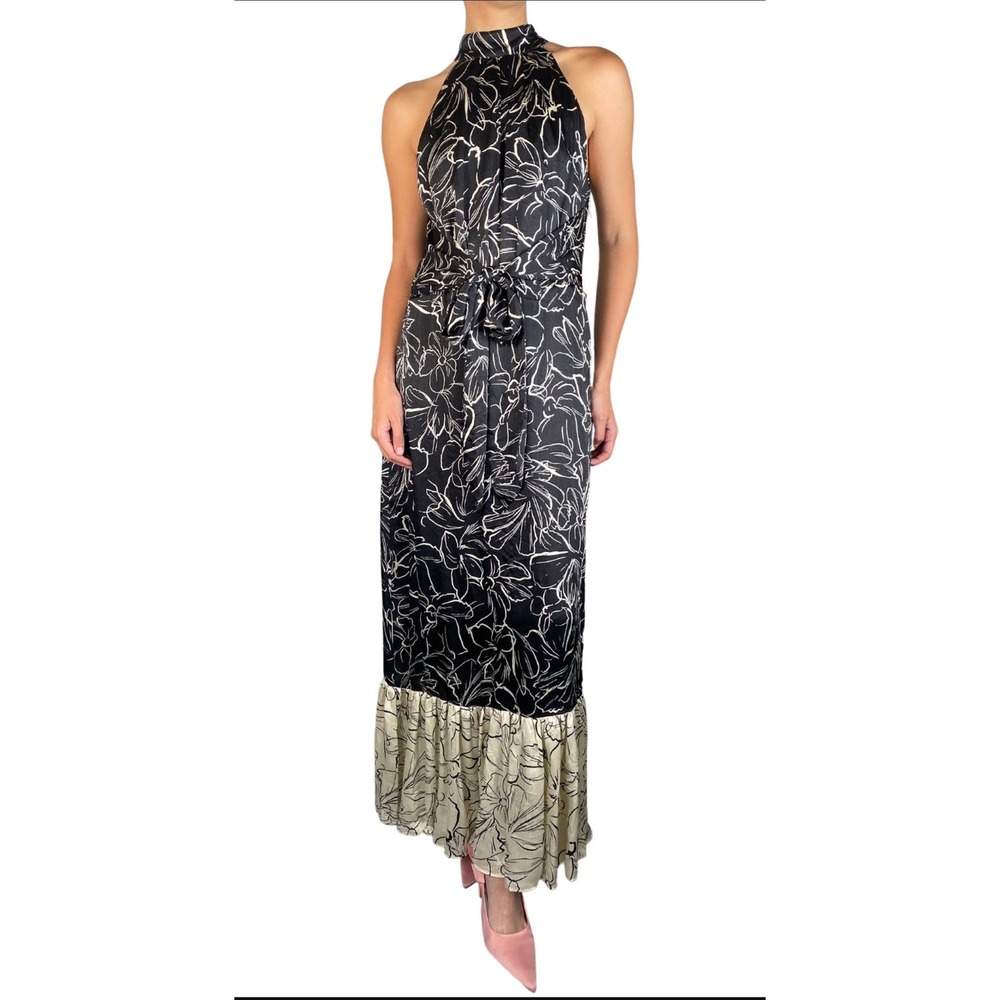 Laundry by Shelli Segal Black Cream Floral Halter Maxi Dress Size 14